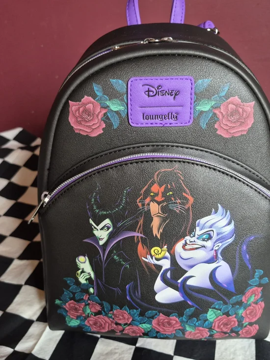 Loungefly Disney Villains Black Purple Pink Floral Mini Backpack - Picture 1 of 4